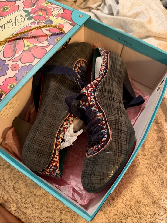 Poetic License Shoes - Poetic License /irregular choice Navy Plaid Heeled Oxfords with Multicolor Trim
